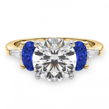 Round Lab Grown Diamond & Oval Blue Sapphire Engagement Ring 18K Yellow Gold (4.32ct)