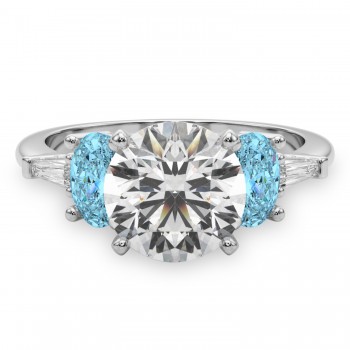 Round Lab Grown Diamond & Oval Blue Topaz Engagement Ring in Platinum (4.18ct)