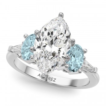 Marquise Lab Grown Diamond & Oval Aquamarine Engagement Ring in Platinum (3.98ct)
