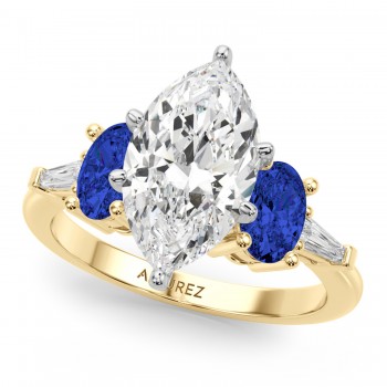 Marquise Lab Grown Diamond & Oval Blue Sapphire Engagement Ring 18K Yellow Gold (4.32ct)