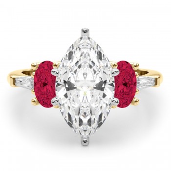 Marquise Lab Grown Diamond & Oval Ruby Engagement Ring 14K Yellow Gold (4.24ct)