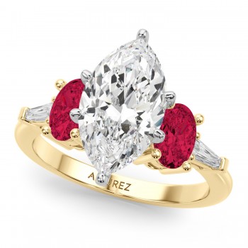 Marquise Lab Grown Diamond & Oval Ruby Engagement Ring 18K Yellow Gold (4.24ct)