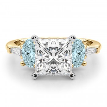 Princess Cut Lab Grown Diamond & Oval Aquamarine Engagement Ring 14K Yellow Gold (3.98ct)