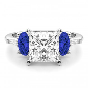 Princess Cut Lab Grown Diamond & Oval Blue Sapphire Engagement Ring 14K White Gold (4.32ct)