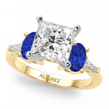 Princess Cut Lab Grown Diamond & Oval Blue Sapphire Engagement Ring 18K Yellow Gold (4.32ct)