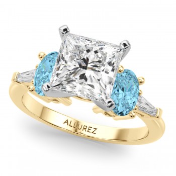 Princess Cut Lab Grown Diamond & Oval Blue Topaz Engagement Ring 18K Yellow Gold (4.18ct)