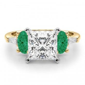 Princess Cut Lab Grown Diamond & Oval Emerald Engagement Ring 14K Yellow Gold (3.98ct)