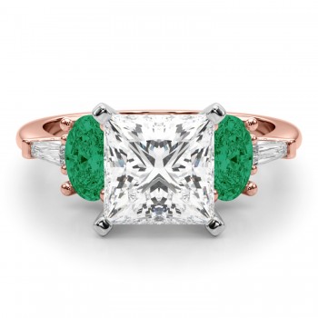 Princess Cut Lab Grown Diamond & Oval Emerald Engagement Ring 18K Rose Gold (3.98ct)