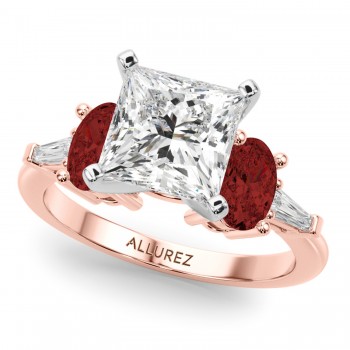 Princess Cut Lab Grown Diamond & Oval Garnet Engagement Ring 18K Rose Gold (4.18ct)