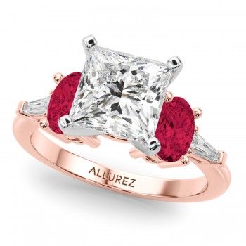 Princess Cut Lab Grown Diamond & Oval Ruby Engagement Ring 14K Rose Gold (4.24ct)