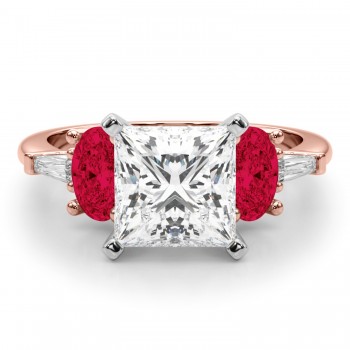 Princess Cut Lab Grown Diamond & Oval Ruby Engagement Ring 18K Rose Gold (4.24ct)