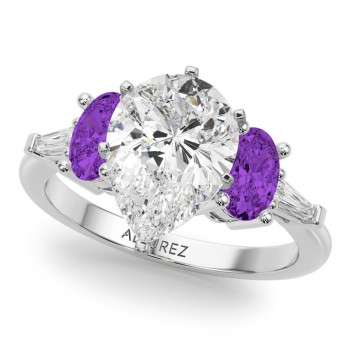 Pear Lab Grown Diamond & Oval Amethyst Engagement Ring 14K White Gold (3.98ct)