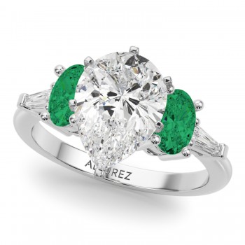 Pear Lab Grown Diamond & Oval Emerald Engagement Ring 14K White Gold (3.98ct)