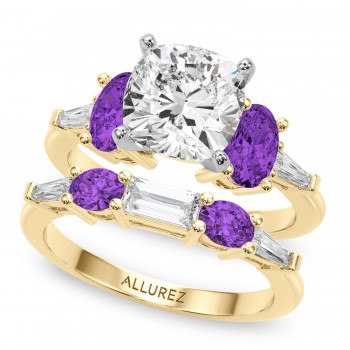 Cushion Lab Grown Diamond & Oval Amethyst Bridal Set 14K Yellow Gold (4.65ct)