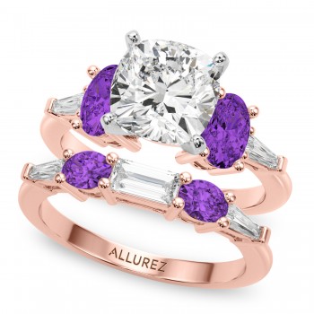 Cushion Lab Grown Diamond & Oval Amethyst Bridal Set 18K Rose Gold (4.65ct)