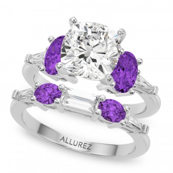 Cushion Lab Grown Diamond & Oval Amethyst Bridal Set in Platinum (4.65ct)