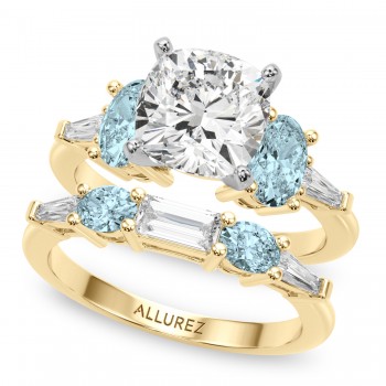 Cushion Lab Grown Diamond & Oval Aquamarine Bridal Set 14K Yellow Gold (4.65ct)
