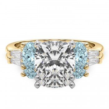 Cushion Lab Grown Diamond & Oval Aquamarine Bridal Set 18K Yellow Gold (4.65ct)