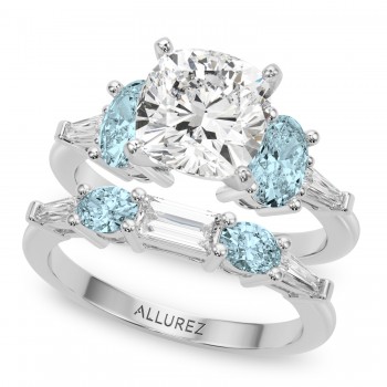 Cushion Lab Grown Diamond & Oval Aquamarine Bridal Set in Platinum (4.65ct)