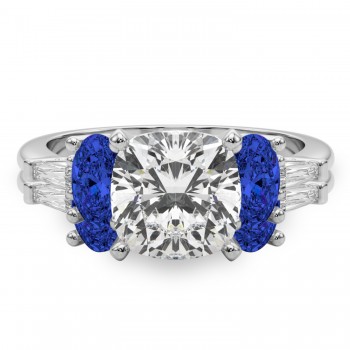 Cushion Lab Grown Diamond & Oval Blue Sapphire Bridal Set 14K White Gold (5.17ct)