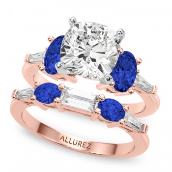 Cushion Lab Grown Diamond & Oval Blue Sapphire Bridal Set 18K Rose Gold (5.17ct)