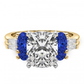 Cushion Lab Grown Diamond & Oval Blue Sapphire Bridal Set 18K Yellow Gold (5.17ct)