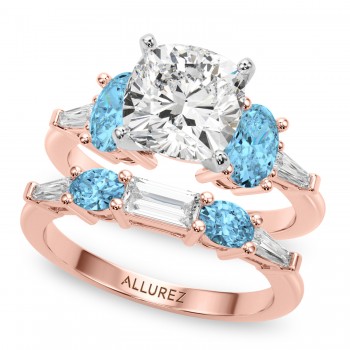 Cushion Lab Grown Diamond & Oval Blue Topaz Bridal Set 14K Rose Gold (4.97ct)