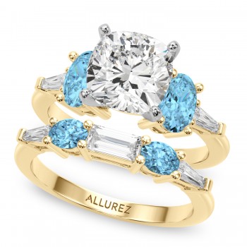 Cushion Lab Grown Diamond & Oval Blue Topaz Bridal Set 14K Yellow Gold (4.97ct)