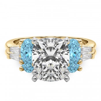 Cushion Lab Grown Diamond & Oval Blue Topaz Bridal Set 14K Yellow Gold (4.97ct)