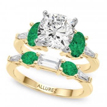 Cushion Lab Grown Diamond & Oval Emerald Bridal Set 14K Yellow Gold (4.65ct)