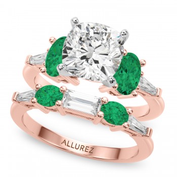 Cushion Lab Grown Diamond & Oval Emerald Bridal Set 18K Rose Gold (4.65ct)