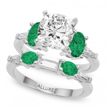 Cushion Lab Grown Diamond & Oval Emerald Bridal Set in Platinum (4.65ct)