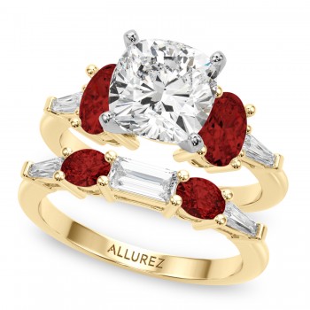 Cushion Lab Grown Diamond & Oval Garnet Bridal Set 14K Yellow Gold (4.97ct)