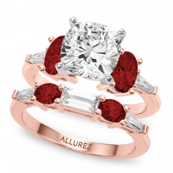 Cushion Lab Grown Diamond & Oval Garnet Bridal Set 18K Rose Gold (4.97ct)