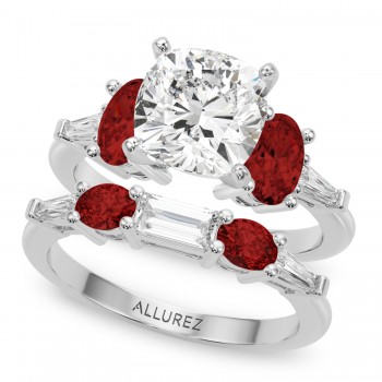 Cushion Lab Grown Diamond & Oval Garnet Bridal Set in Platinum (4.97ct)