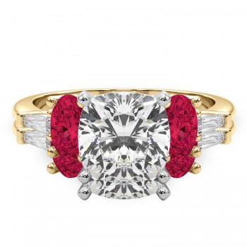 Cushion Lab Grown Diamond & Oval Ruby Bridal Set 14K Yellow Gold (5.09ct)