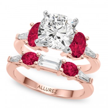 Cushion Lab Grown Diamond & Oval Ruby Bridal Set 18K Rose Gold (5.09ct)
