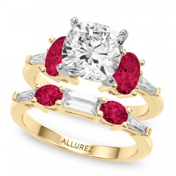 Cushion Lab Grown Diamond & Oval Ruby Bridal Set 18K Yellow Gold (5.09ct)