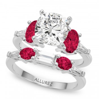Cushion Lab Grown Diamond & Oval Ruby Bridal Set in Platinum (5.09ct)