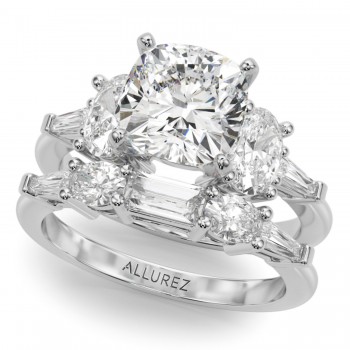 Cushion Moissanite Diamond Engagement Ring Bridal Set in Palladium (4.93ct)