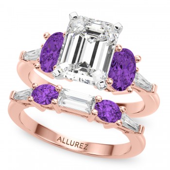 Emerald Cut Lab Grown Diamond & Oval Amethyst Bridal Set 14K Rose Gold (4.65ct)