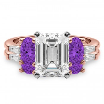 Emerald Cut Lab Grown Diamond & Oval Amethyst Bridal Set 14K Rose Gold (4.65ct)