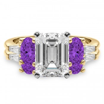 Emerald Cut Lab Grown Diamond & Oval Amethyst Bridal Set 14K Yellow Gold (4.65ct)
