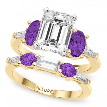 Emerald Cut Lab Grown Diamond & Oval Amethyst Bridal Set 18K Yellow Gold (4.65ct)
