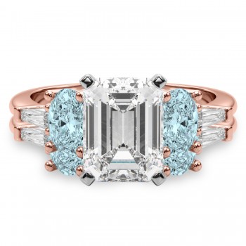 Emerald Cut Lab Grown Diamond & Oval Aquamarine Bridal Set 14K Rose Gold (4.65ct)