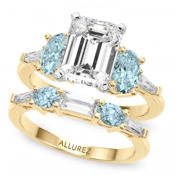 Emerald Cut Lab Grown Diamond & Oval Aquamarine Bridal Set 14K Yellow Gold (4.65ct)