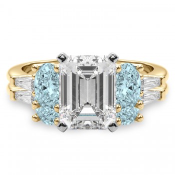 Emerald Cut Lab Grown Diamond & Oval Aquamarine Bridal Set 14K Yellow Gold (4.65ct)