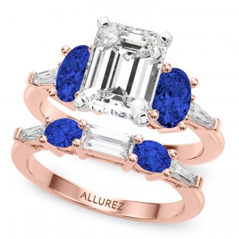 Emerald Cut Lab Grown Diamond & Oval Blue Sapphire Bridal Set 18K Rose Gold (5.17ct)