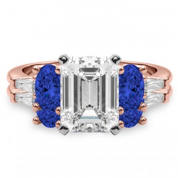 Emerald Cut Lab Grown Diamond & Oval Blue Sapphire Bridal Set 18K Rose Gold (5.17ct)