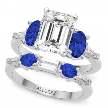 Emerald Cut Lab Grown Diamond & Oval Blue Sapphire Bridal Set 18K White Gold (5.17ct)
